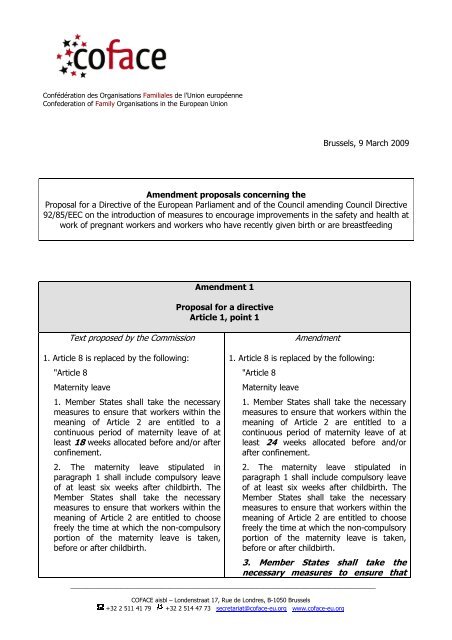 Amendment proposals Maternity Leave - COFACE