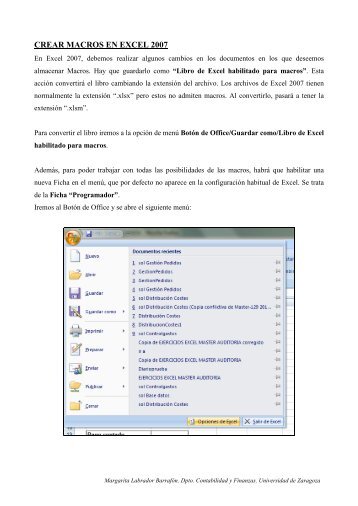 CREAR MACROS EN EXCEL 2007 - Universidad de Zaragoza