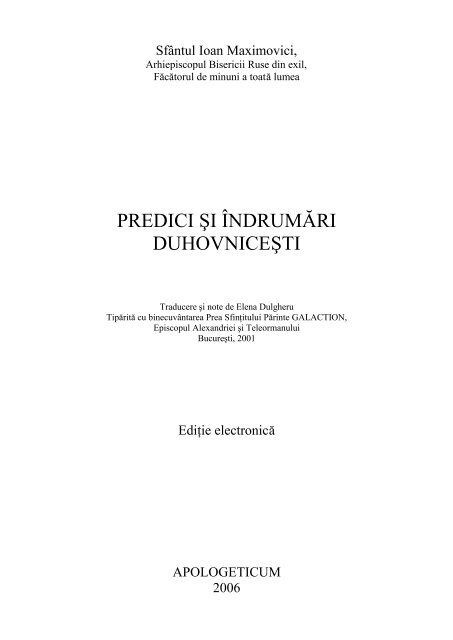 Sf. Ioan Maximovici, Predici si indrumari ... - Tineretul Ortodox