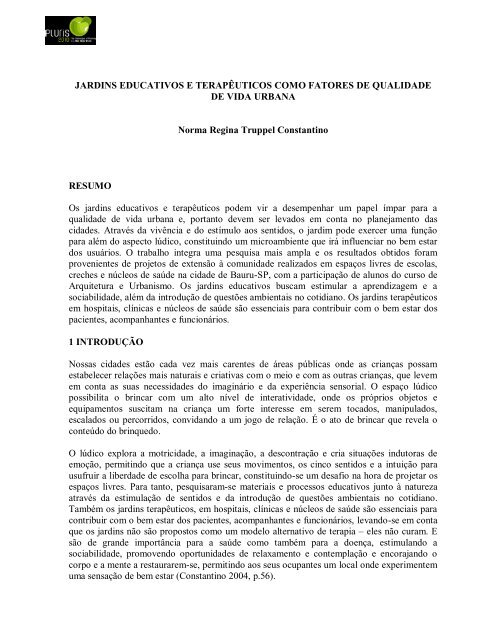 JARDINS EDUCATIVOS E TERAPÃUTICOS COMO ... - Pluris2010
