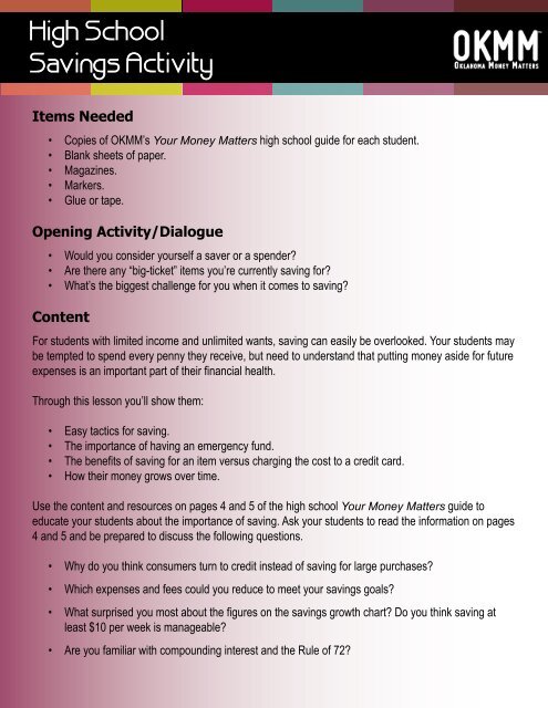 High School Lesson Plan Savings Oklahomamoneymatters Org