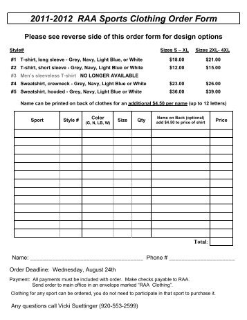 2011-2012 RAA Sports Clothing Order Form Please see reverse ...