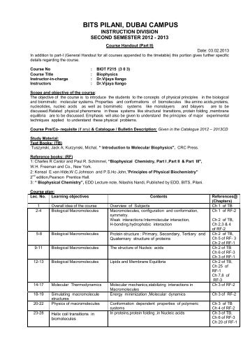 Course handout - Student Welfare Division - BITS Pilani