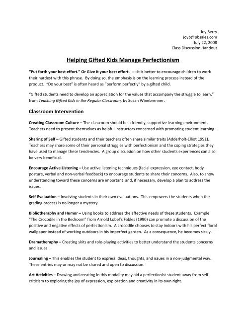 Interventions for perfectionist students