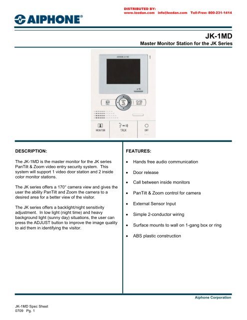 AIPHONE JK-1MD Color Master Monitor Station for JK Series Intercom