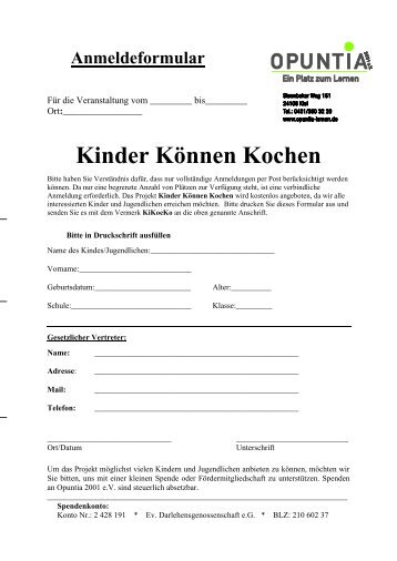 Anmeldeformular (PDF) - Kinder können kochen