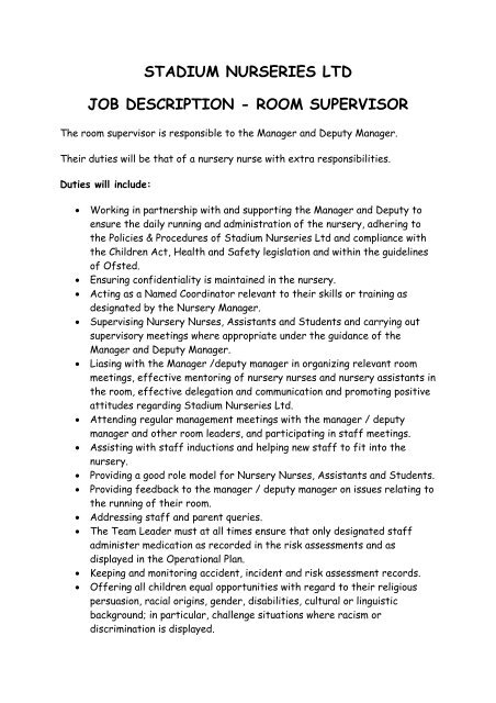 Stadium Nurseries Ltd Job Description Room Supervisor Stadium Nurseries Ltd Job Description