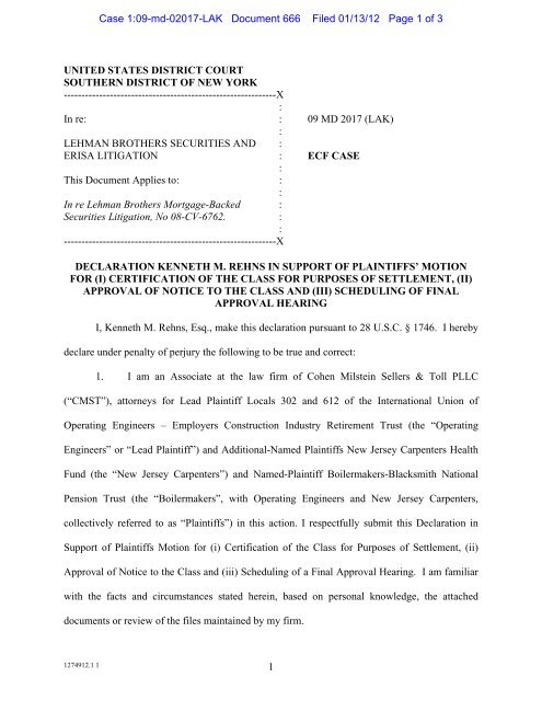 Declaration of K. Rehns in Support of Plaintiffs' Motion for - Lehman ...