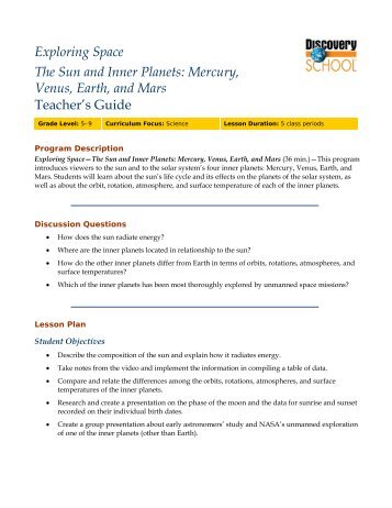 Exploring Space The Sun and Inner Planets: Mercury, Venus, Earth ...