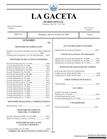 Gaceta - Diario Oficial de Nicaragua - # 069 de 6 Abril 2006
