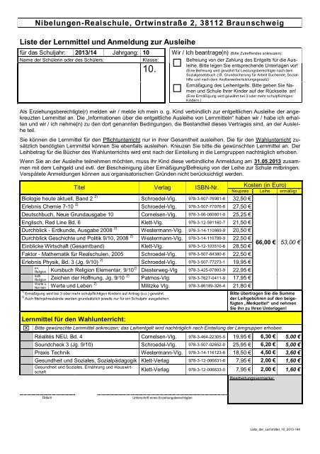 Schulbuchliste Jahrgang 10 Nibelungen Realschule Braunschweig