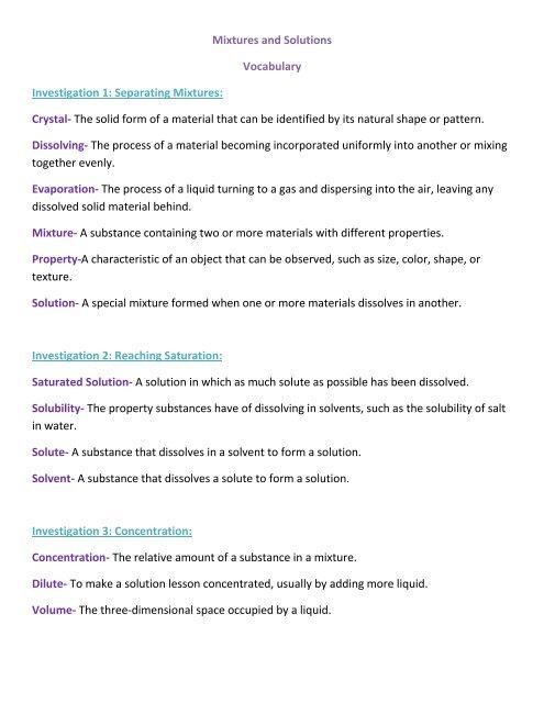 Mixtures and Solutions Vocabulary Investigation 1: Separating 