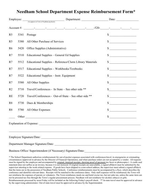 Needham School Department Expense Reimbursement Form*