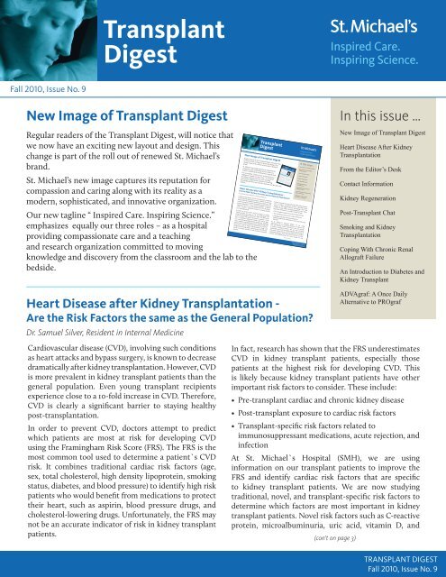 Transplant Digest - Fall 2010, Issue No. 9 - St. Michael's Hospital