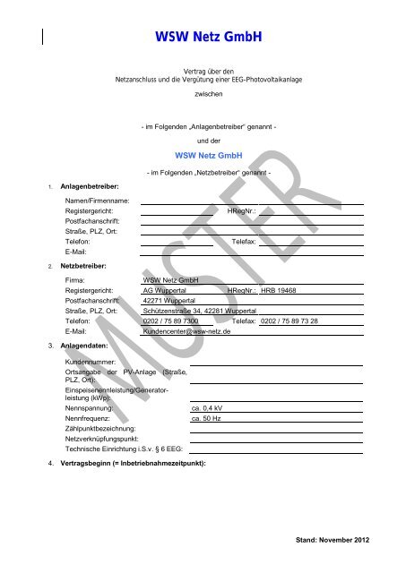 EEG-Netzanschluss- und Einspeisevertrag - WSW Netz-GmbH!