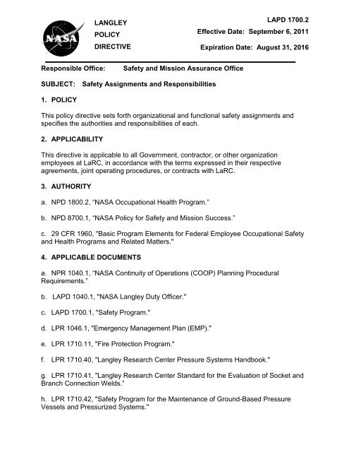 LAPD 1700.2 - Langley Management System - NASA