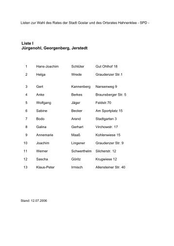 Liste I - SPD-Ortsverein Goslar