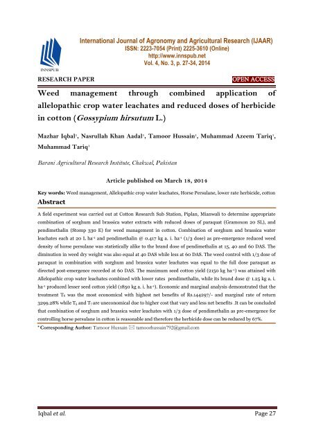 Weed management through combined application of allelopathic crop water leachates and reduced doses of herbicide in cotton (Gossypium hirsutum L.)