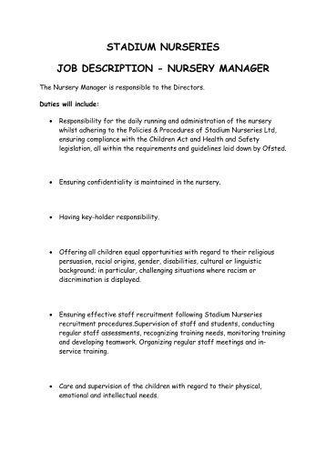 Stadium nurseries ltd job description - room supervisor