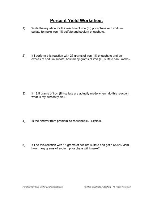 Percent Yield Worksheet - Fgamedia.org