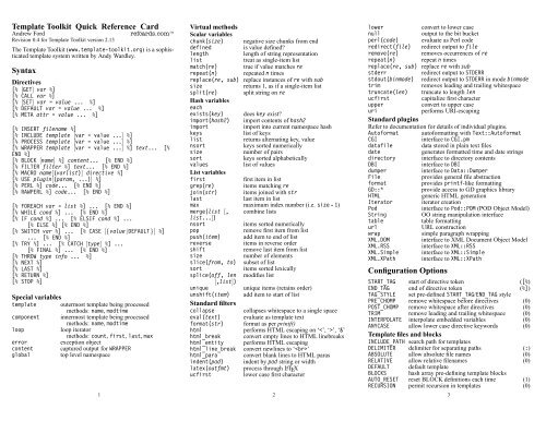 Template Toolkit Quick Reference Card Syntax Configuration Options