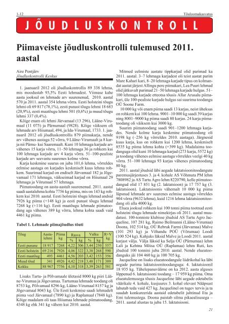 Eesti loomakasvatus 2011. aastal - TÃµuloomakasvatus