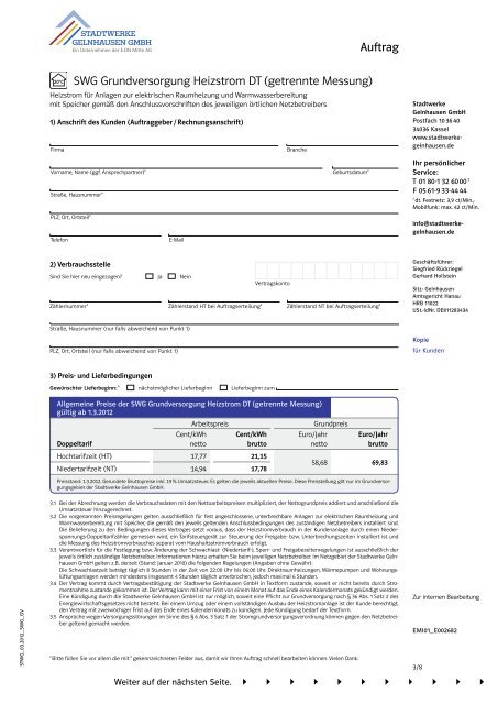 SWG Grundversorgung Heizstrom DT (getrennte Messung) Auftrag