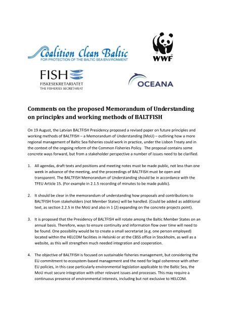 Joint NGO comments on BALTFISH MoU - Fisheries Secretariat