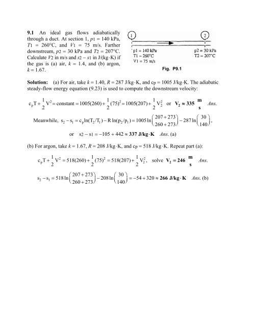 9.1 An ideal gas flows adiabatically through a duct. At section 1, p1 ...