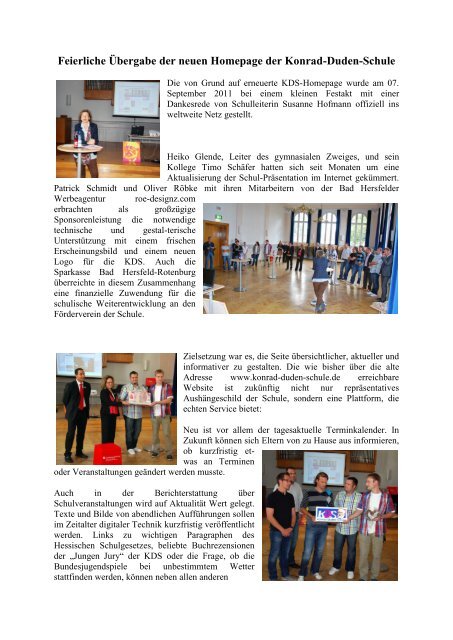 Feierliche Aœbergabe Der Neuen Homepage Der Konrad Duden Schule