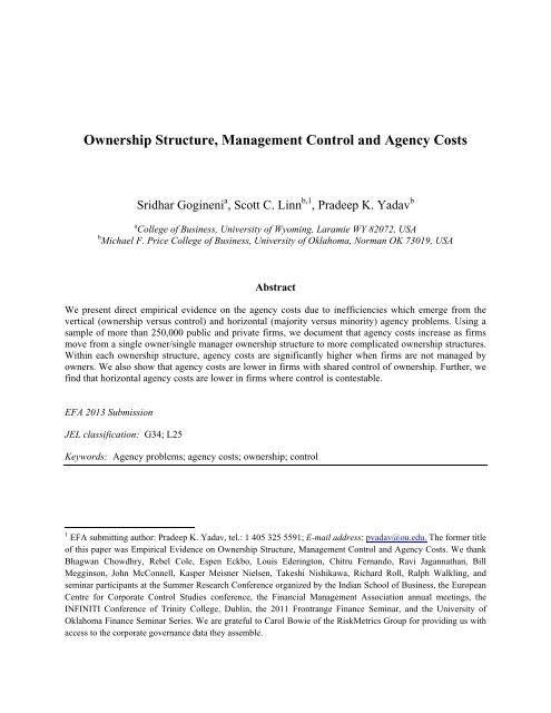 Ownership Structure, Management Control and Agency Costs