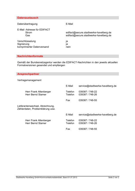 Kommunikationsdaten - Stadtwerke Havelberg