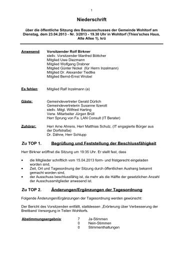 Protokoll der Sitzung vom 23.04.2013 - Gemeinde Wohltorf