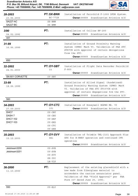 Avionics STC List - Scandinavian Avionics