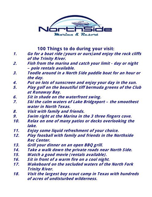 100 Things to do during your visit: - North Side Marina and Resort