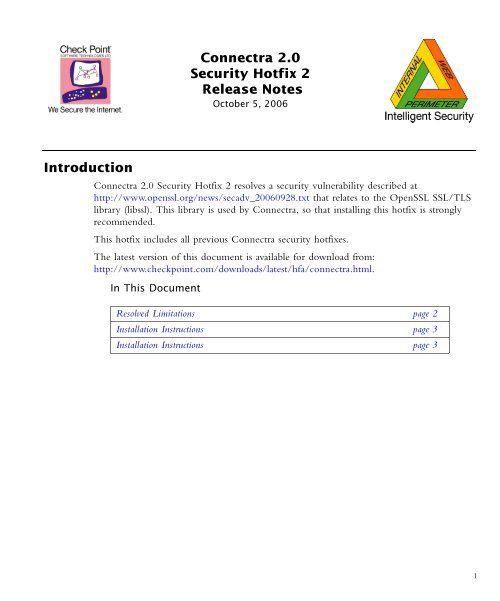 Connectra 2.0 Security Hotfix 2 Release Notes Introduction