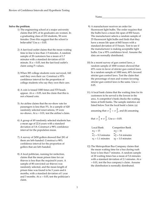 Review of Confidence Intervals and Hypothesis Testing ...
