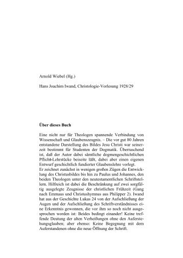 Hans Joachim Iwand, Das Bild Jesu Christi nach ausgewÃ¤hlten ...