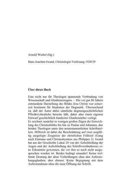 Hans Joachim Iwand, Das Bild Jesu Christi nach ausgewÃ¤hlten ...