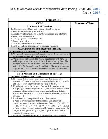 DCSD Common Core State Standards Math Pacing Guide 5th Grade