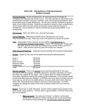 PSYC 250 - Introduction to Child Development Syllabus Example