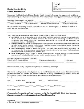 Mental Health Clinic Intake Assessment form - Boynton Health Service