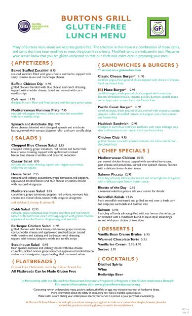 BURTONS GRILL GLUTEN-FREE LUNCH MENU BURTONS GRILL GLUTEN-FREE LUNCH MENU