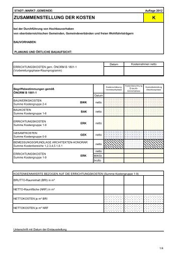 Kostenzusammenstellung Hochbau OÃ 2012