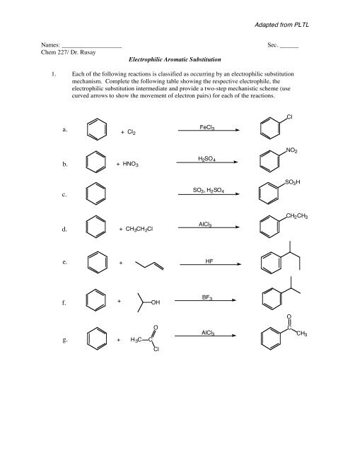 Electrophilic Aromatic Substitution Worksheet Chemconnections
