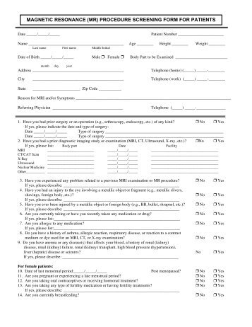 (mr) procedure screening form for patients