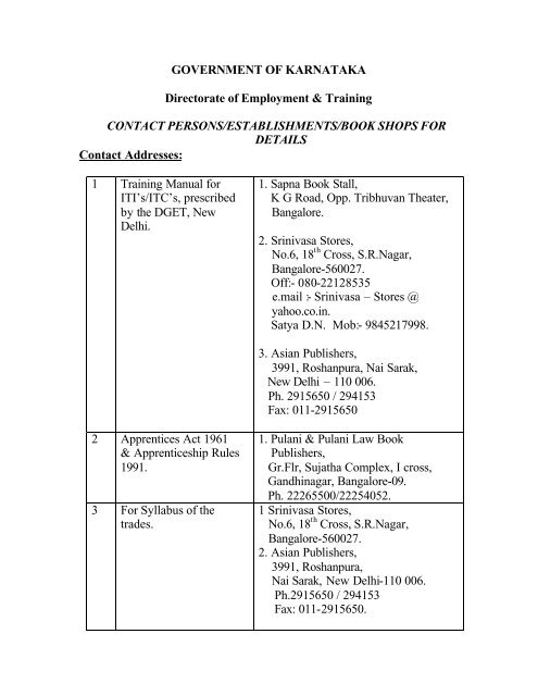 Contact Addresses - Directorate of Employment and Training