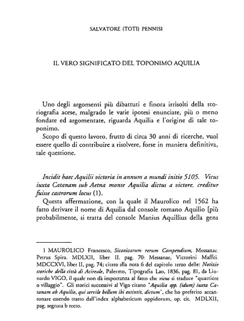 IL VERO SIGNIFICATO DEL TOPONIMO AQUIllA Uno degli ...