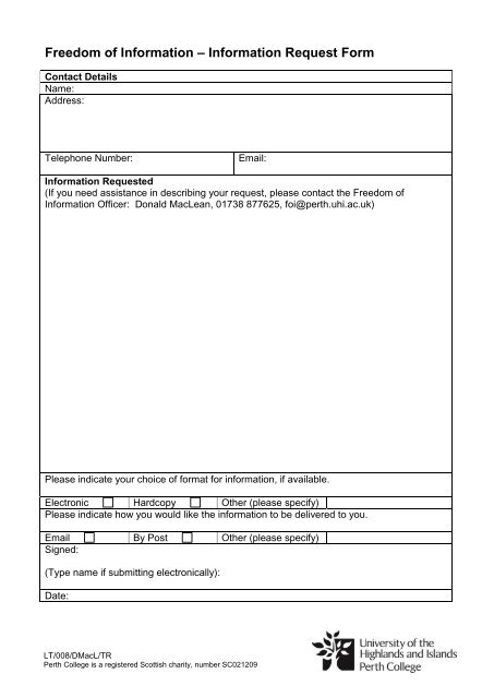 Freedom of Information: Information Request Form - Perth College