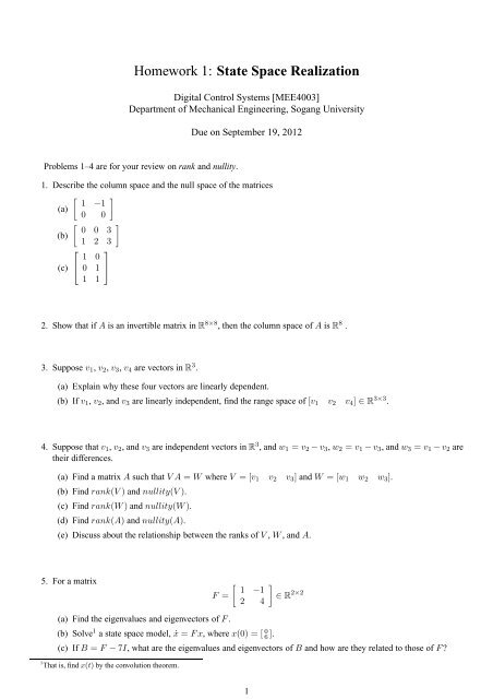 Homework 1: State Space Realization - Kckong.info